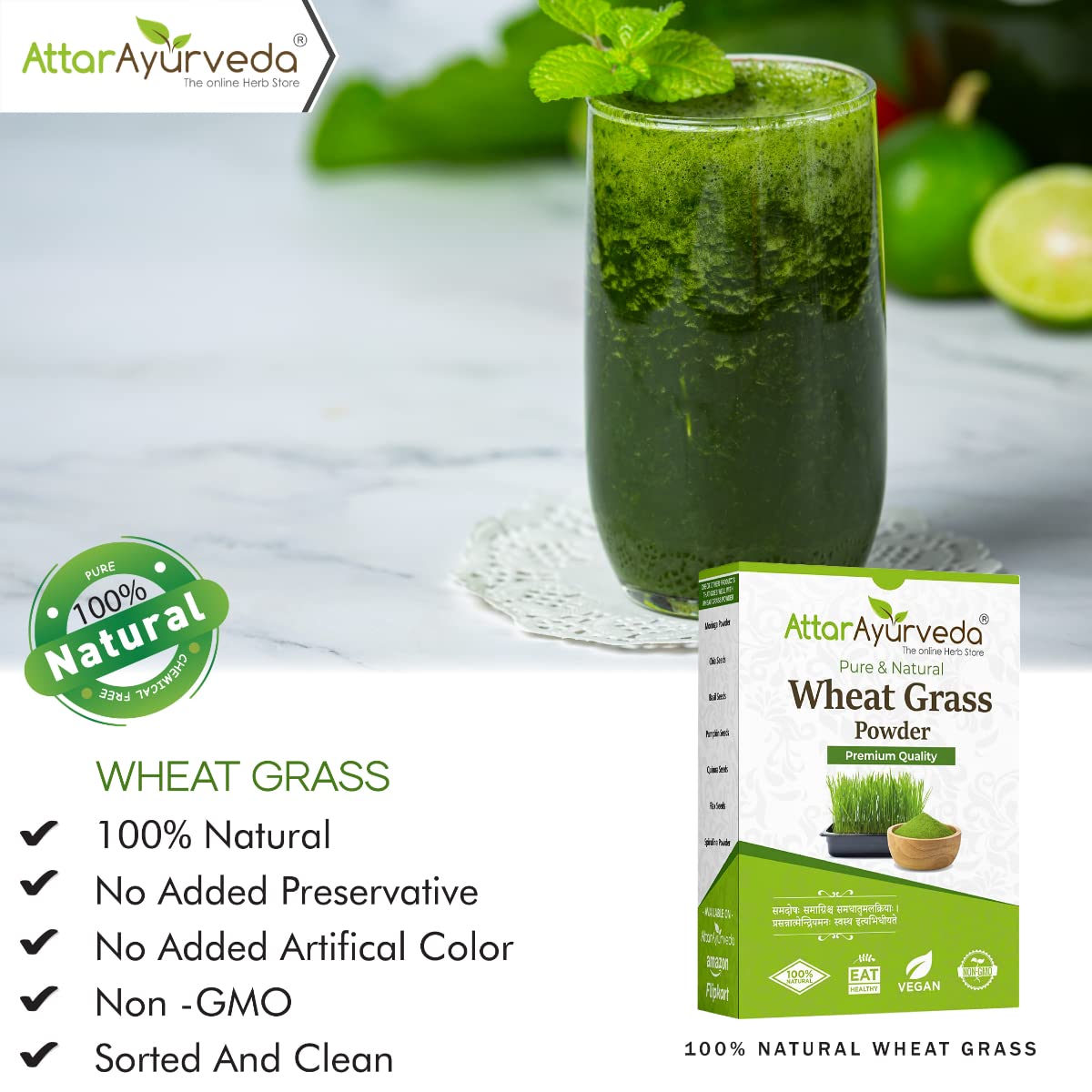 Attar Ayurveda 100% Natural Wheat Grass Powder (100 Gram) | Pure, Preservative free, Non-GMO