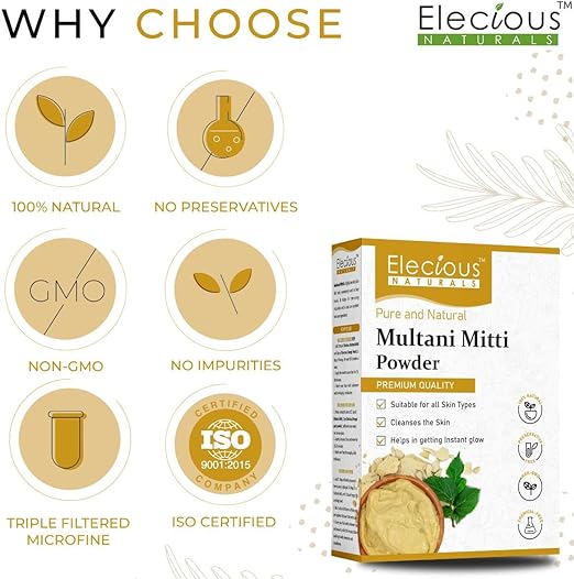 Elecious Natural Multani Mitti Powder, Bentonite Clay, 200 gm