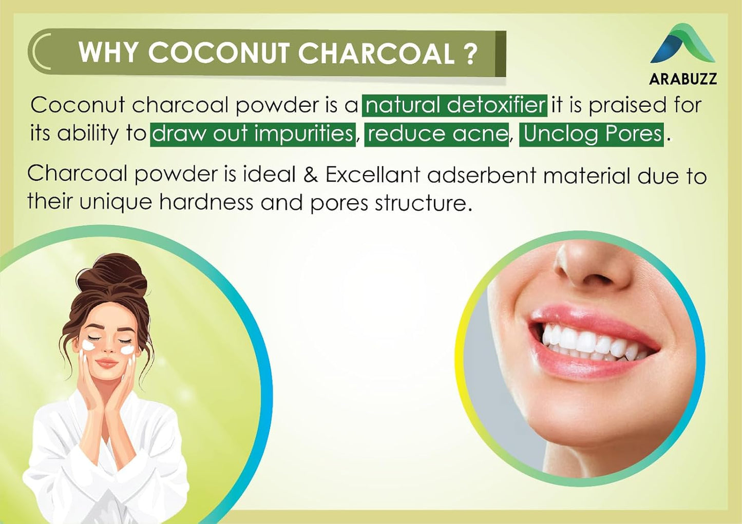 Arabuzz Activated Charcoal Powder from Coconut Shell 8.81 oz (250 Gram / 0.55 LB) | Coconut Charcoal Powder | For Detox | Face Packs and Masks | ToothPowder