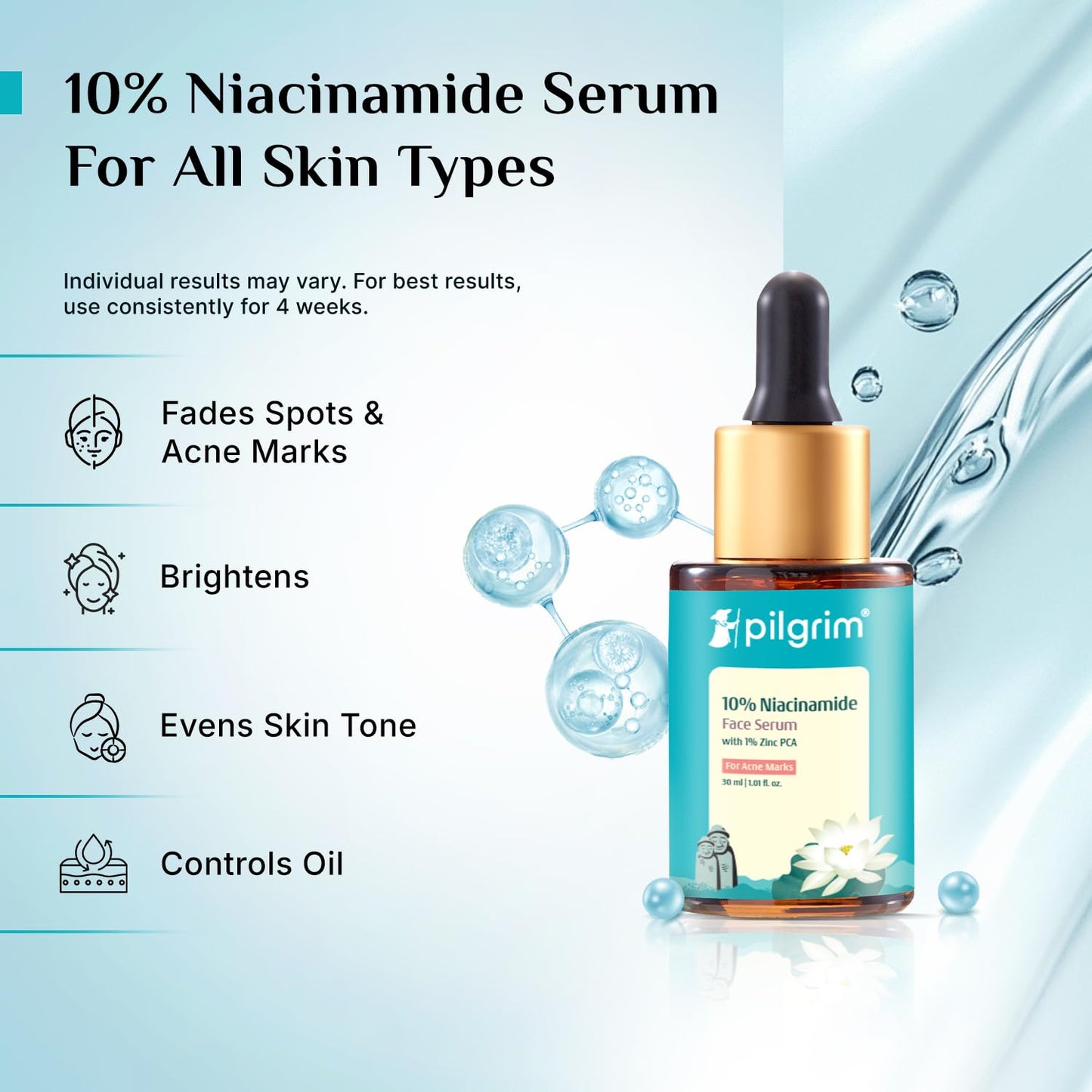 Pilgrim 10% Niacinamide Serum 30ml For Acne Marks|With 1% Zinc PCA, Salicylic & Hyaluronic Acid|Niacinamide Serum For Oily Skin, Acne-Prone, Combination, Normal Skin|Oil Control, Anti-Acne|Women & Men