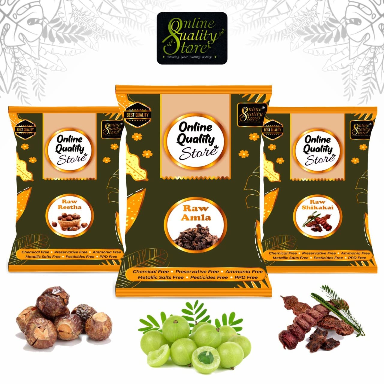 Online Quality Store reetha amla shikakai combo raw form - 600g |Aritha|Soapnuts (Sapindus Mukorossi) |Indian Gooseberry |dried Shikakai, Acacia Concinna, Total 600g Pack