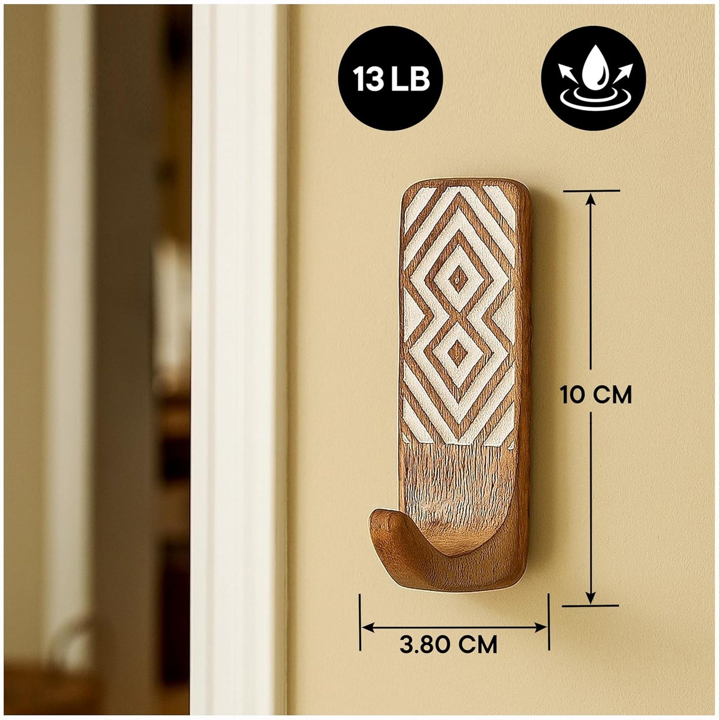Indian-Shelf 3 Hook, 6 Strip No Damage Wood Wall Hooks- Adhesive Wall Hooks