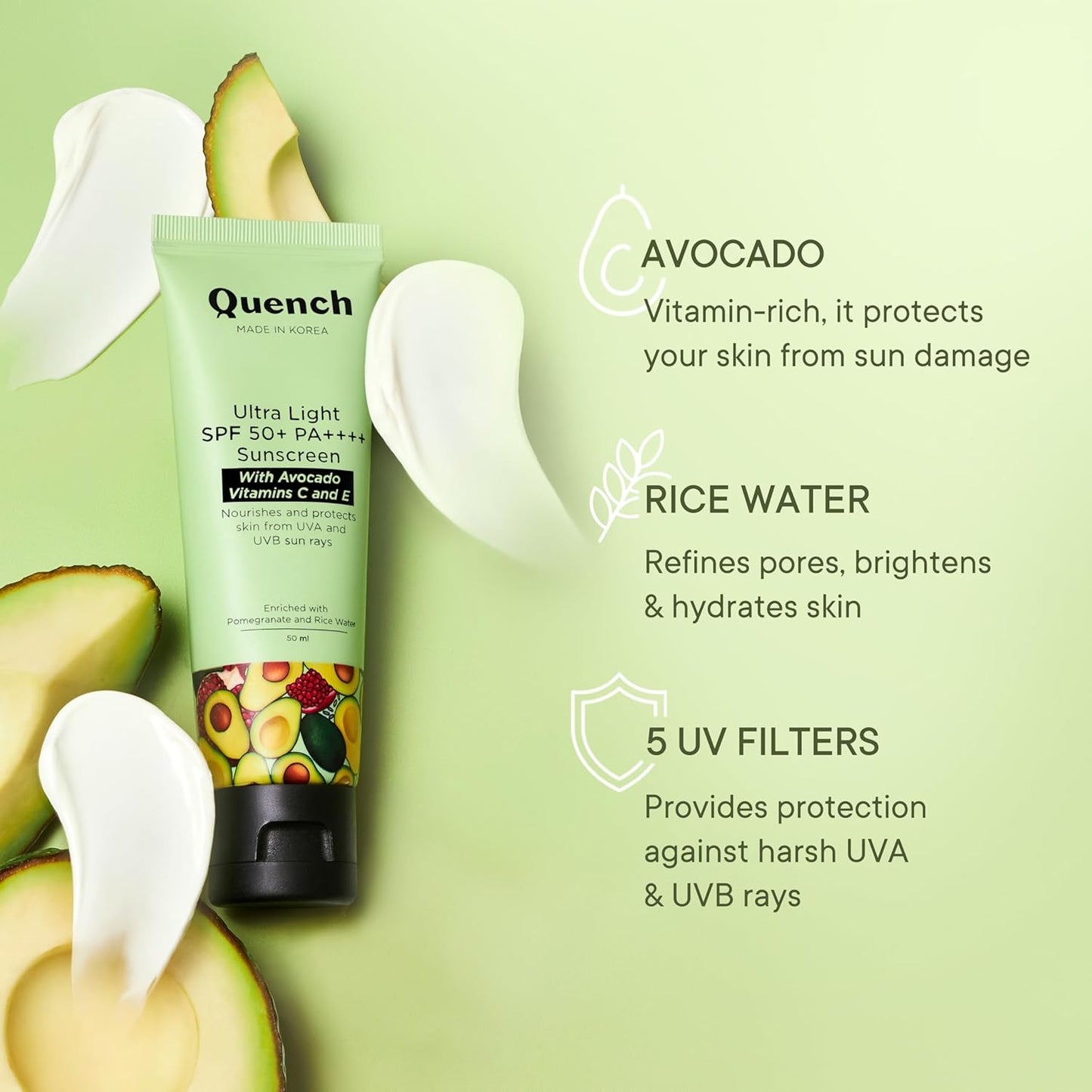 Quench Bravocado Sunscreen Spf 50+ Pa++++ Korean Sunscreen With Vitamin E & Avocado For Women & Men (50Ml) All Skin Type