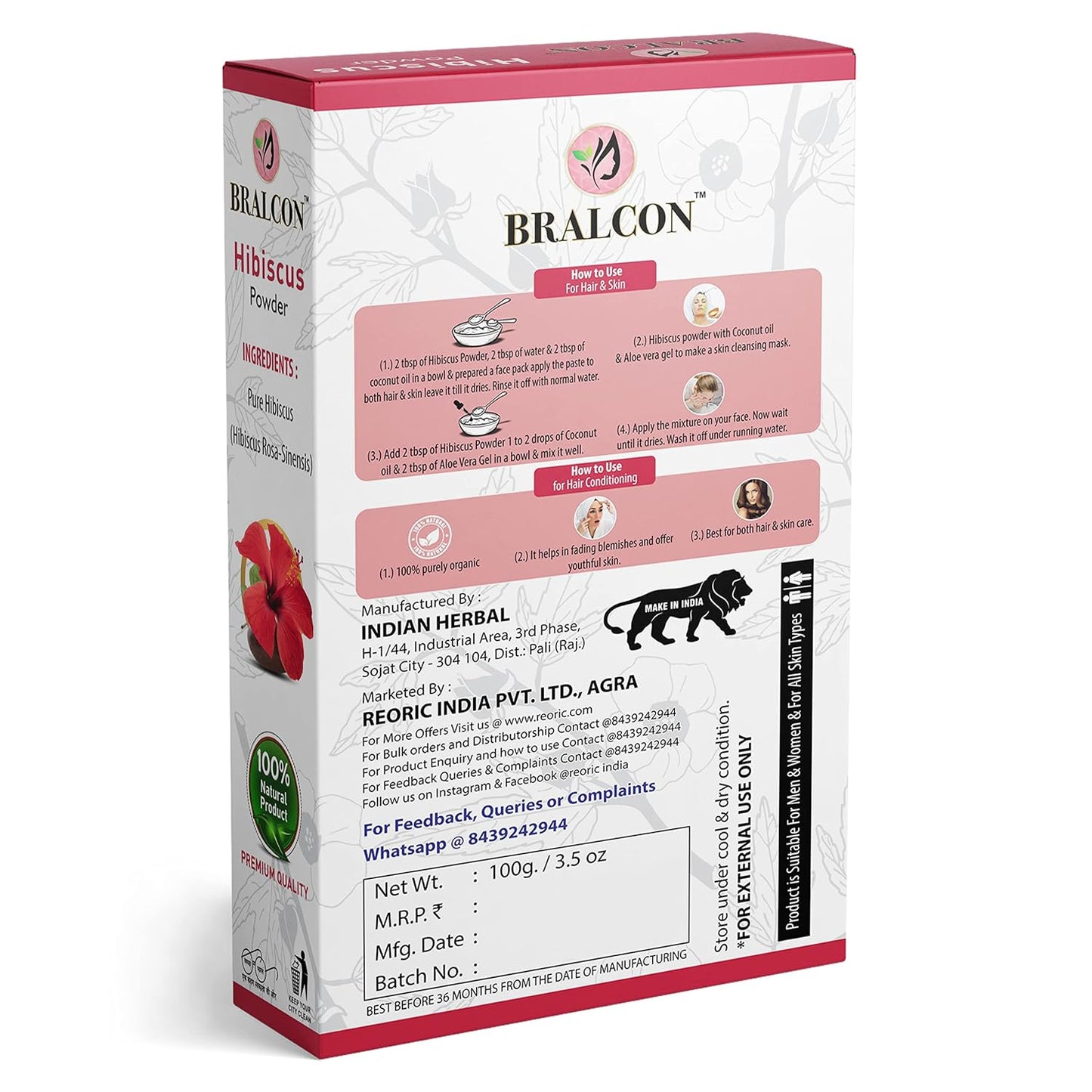 BRALCON Organic Amla, Reetha, Shikakai, Bhringraj, Hibiscus Powder Combo-500g (100g x 5 Pack)|Amla Powder, Reetha Powder, Shikakai Powder, Bhringraj Powder, Hibiscus Flower Powder for Hair & Skin Care