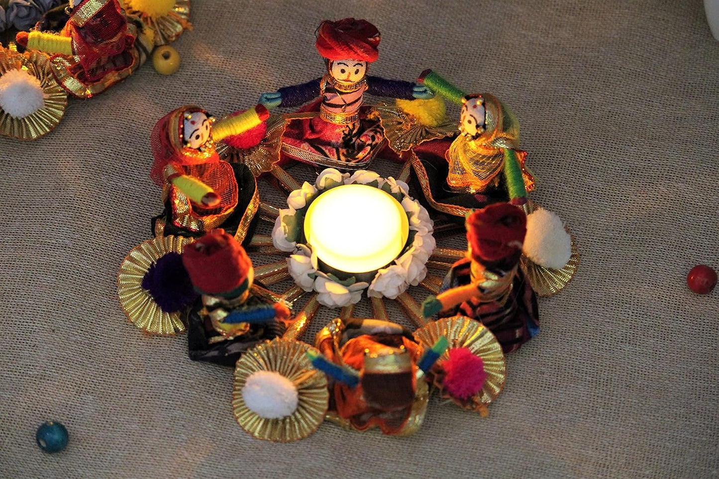 JH Gallery Handmade Recycled Material Rajasthani Dolls Puppet Tealight Candle Holder, Multicolor (13 cm x 13 cm 6.5 cm) (Pack of 1)