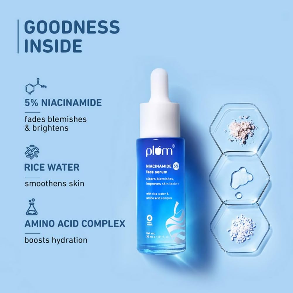 Plum 5% Niacinamide Face Serum for Clear & Bright Skin | with Rice Water | Provides Clear, Glowing & Brightening Skin | Lightweight & Beginner Friendly Serum for Women & Men | All Skin Types | 30ml