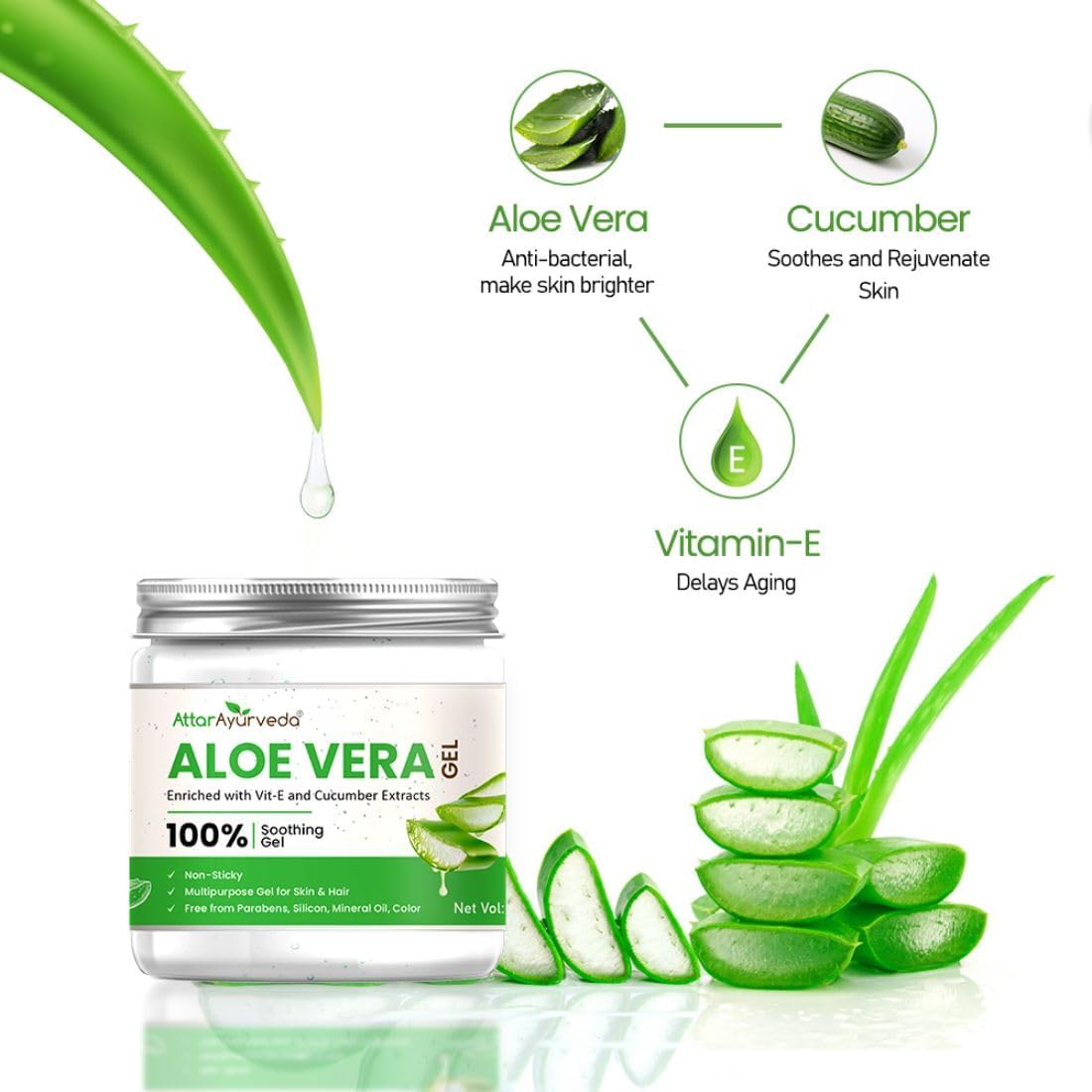 Attar Ayurveda Natural Aloe vera gel for Face, Skin & Hair (200 ml) | With Vit-E and Cucumber extracts