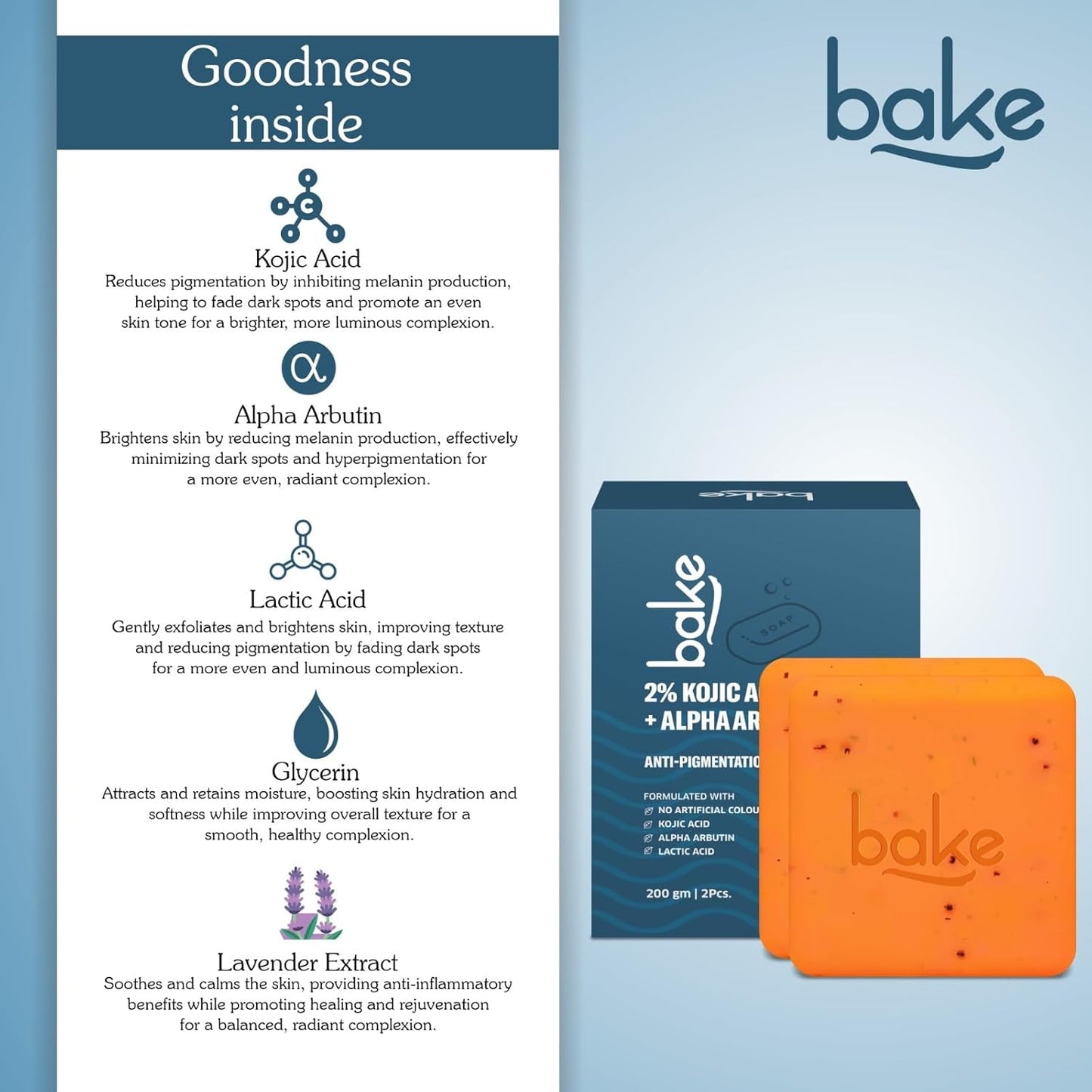 BAKE 2% Kojic Acid Scrub Treatment Soap (200 Gms) with Alpha Arbutin, Lactic Acid & Niacinamide | For Pigmentation, Dark Spots, Tan Removal, Brightens Underarms | Soap for Women & Men | 100g x 2