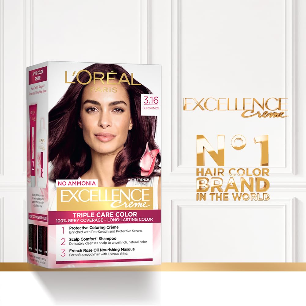 L'Oréal Paris Permanent Hair Colour, Radiant At-Home Hair Colour with up to 100% Grey Coverage, Pro-Keratin, Up to 8 Weeks of Colour, Excellence Crème, 3.16 Burgundy, 72ml+100g