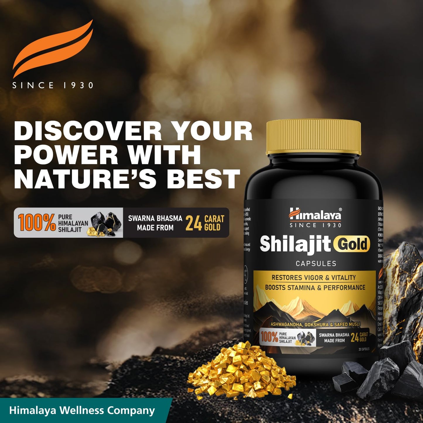 Himalaya Shilajit Gold Capsules. 100% Pure Himalayan Shilajit + 24 Carat Gold, 20 Capsules
