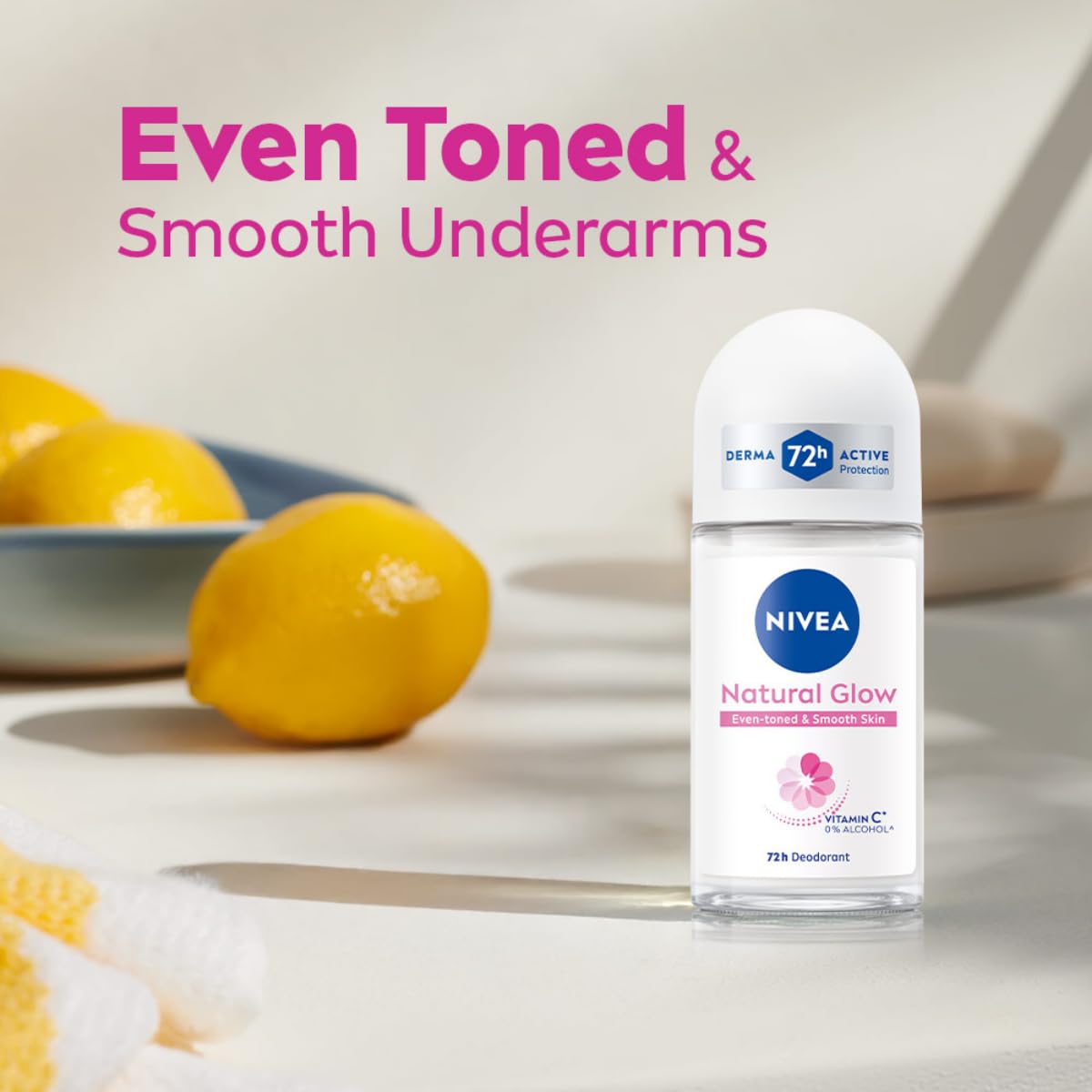 NIVEA Natural Glow Smooth Skin Deodorant Underarm Roll On for Women| Vitamin C, Vitamin E, Avocado oil and Licorice Extract | 72 H Even Toned, Smooth & Bright Underarms | 0% Alcohol and Dermat Approved |50 ml