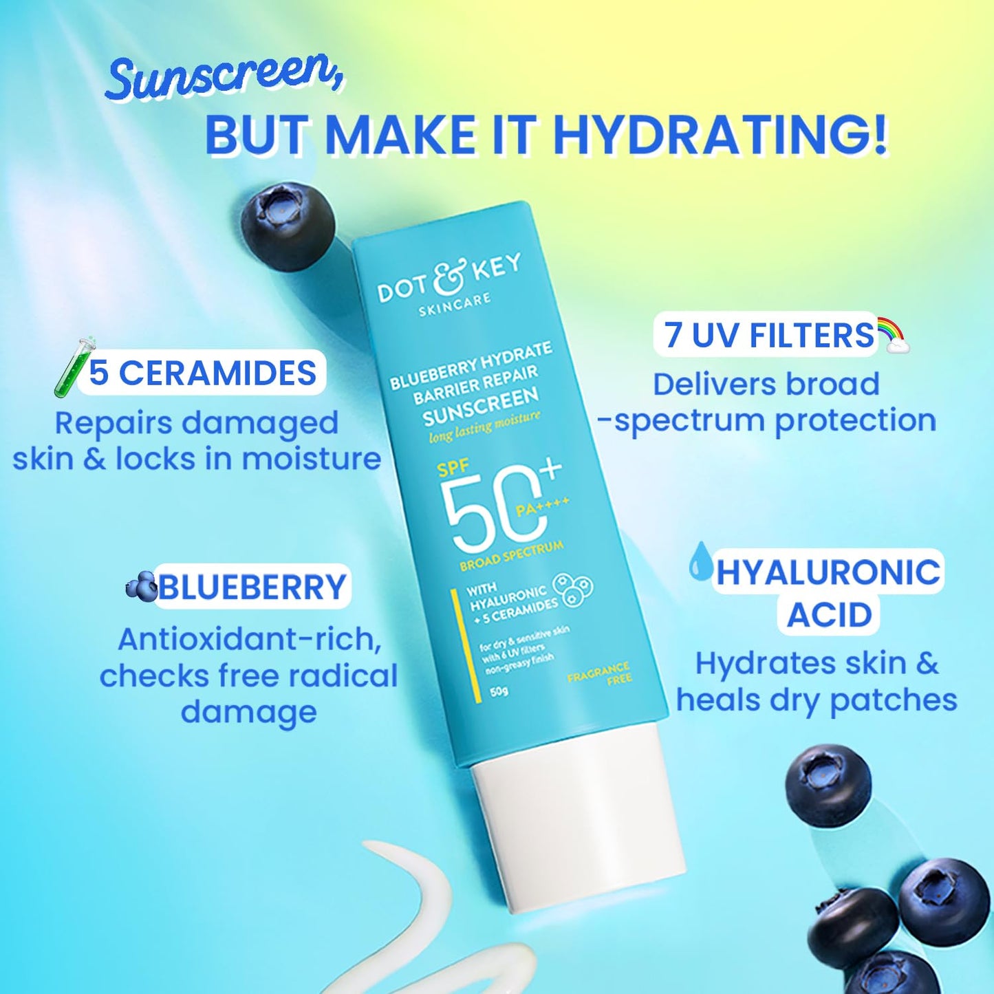 Dot & Key Blueberry Hydrate Barrier Repair Sunscreen SPF 50+,PA++++, 80 gm, Pack of 2
