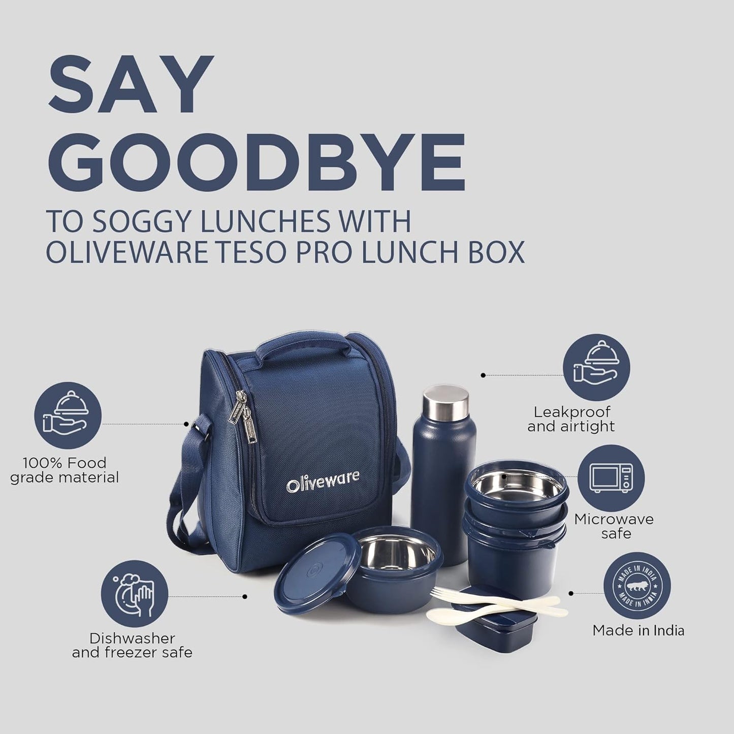 SOPL-OLIVEWARE Teso Lunch Box with Plastic Cutlery, 3 Steel Containers, Plastic Pickle Box, Steel Water Bottle- Blue