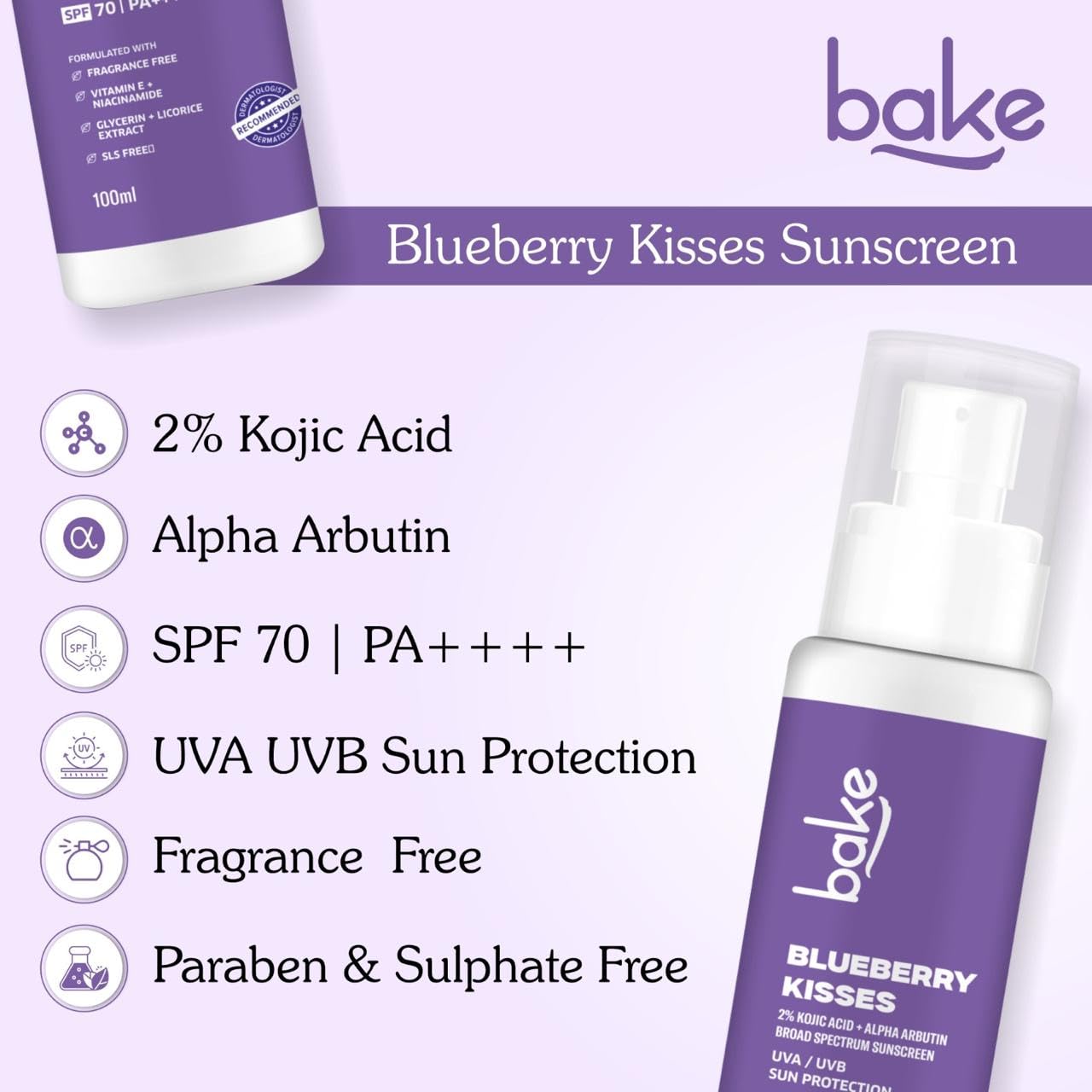 Bake 100% Mineral Water Resistant Sunscreen SPF 70 PA+++ with 2% Kojic Acid, Alpha Arbutin & Niacinamide, 100 gm