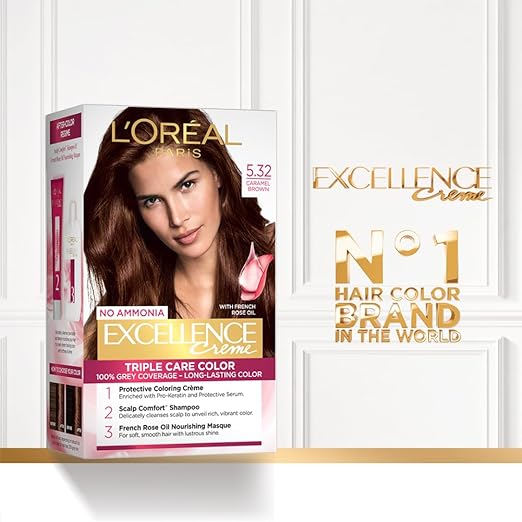L’Oréal Paris Hair Colour, Radiant At-Home Hair Colour with up to 100% Grey Coverage, Excellence Creme, 5.32 Caramel Brown, 72ml+100g