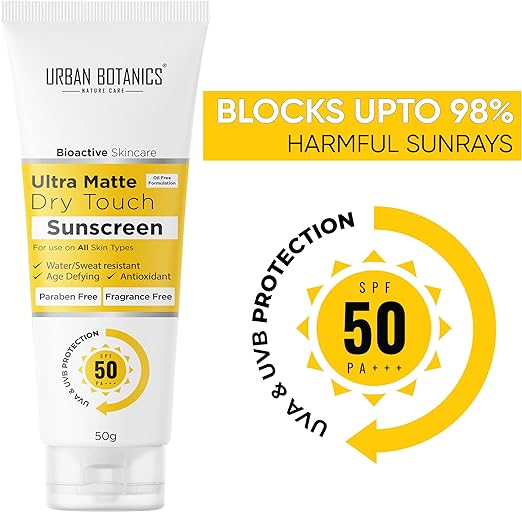 Urban Botanics Ultra Matte Dry Touch Sunscreen SPF 50 PA+++ - Non Comedogenic - Water/Sweat Resistant - Protect against Blue Light, UVA/UVB Rays - 50g