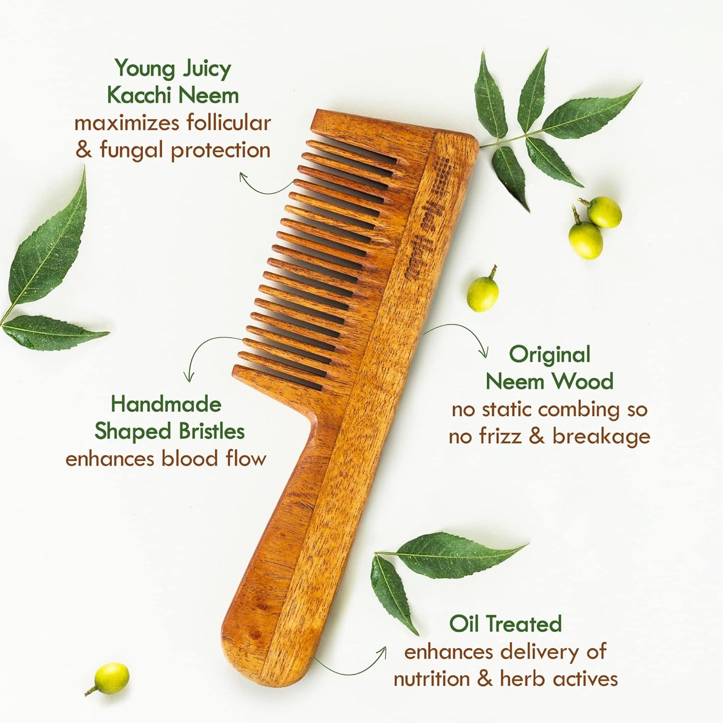 Nat Habit - Kacchi Neem Wooden Comb - Soaked In 17 Herbs, Neem & Sesame Oil For Multi-Actions - Detangling, Frizz Control & Shine (Dual Tooth, Fine Tooth & Wide Tooth) Combo Pack of 3
