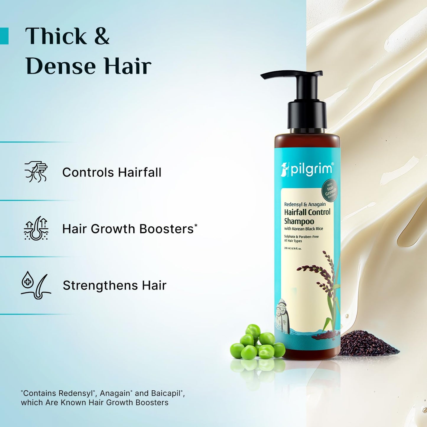 Pilgrim Redensyl & Anagain Hairfall Control Shampoo with Korean Black Rice, 200 ml