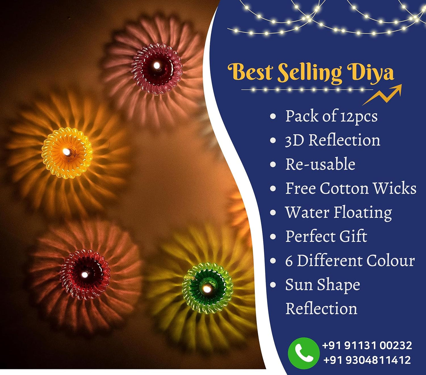 Indian Karigar 12 pcs Diwali Diyas Colourful 3d Reflection Diya, Multicolour