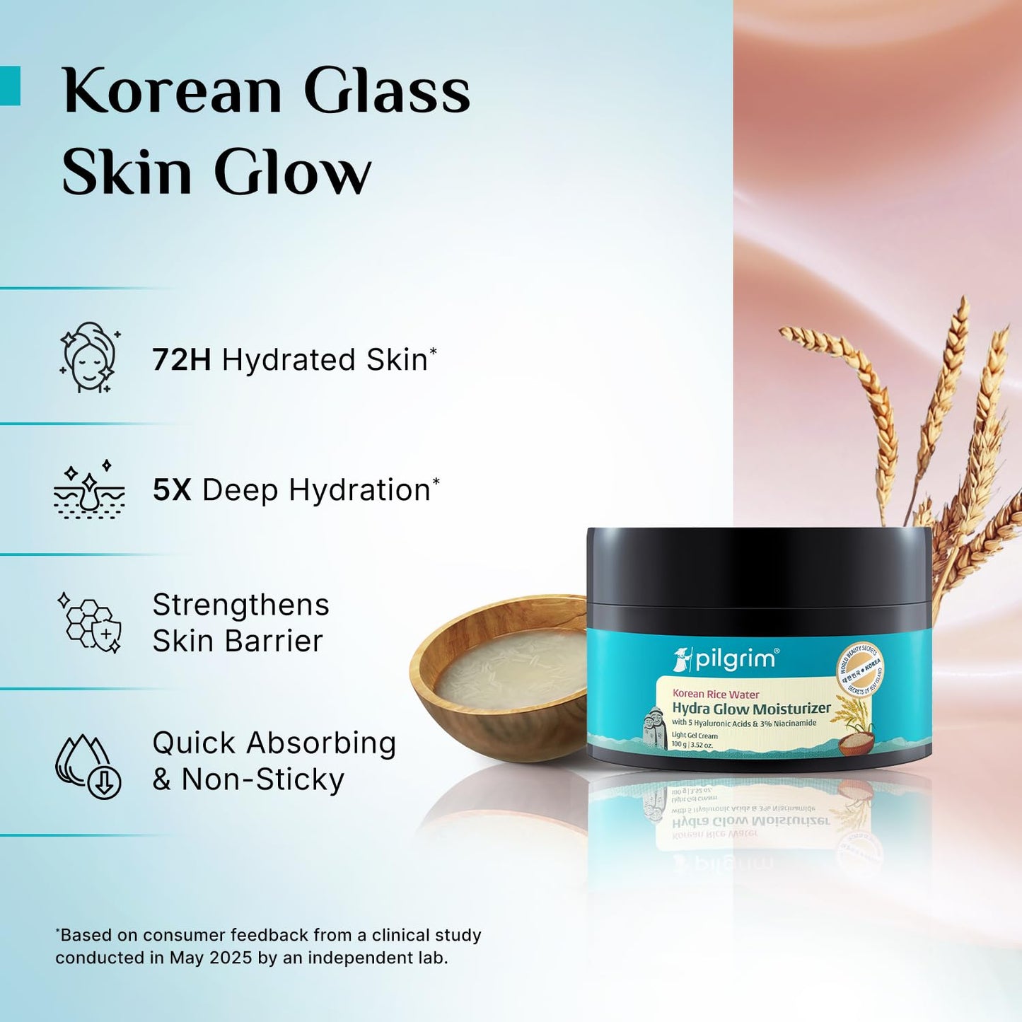 Pilgrim Korean Rice Water Hydra Glow Moisturizer 100Gm with 5 Hyaluronic Acids, 3% Niacinamide, 5 Ceramides | 5x Hydration & Instant Glass Skin