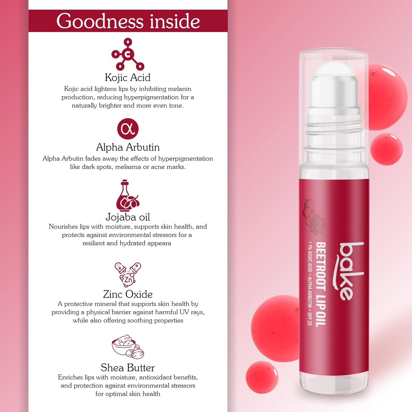 BAKE 1% Kojic Acid Beetroot Tinted Brightening Lip Balm Oil for Dark & Pigmented Lips with SPF 25 PA++++ with Alpha Arbutin - 15g