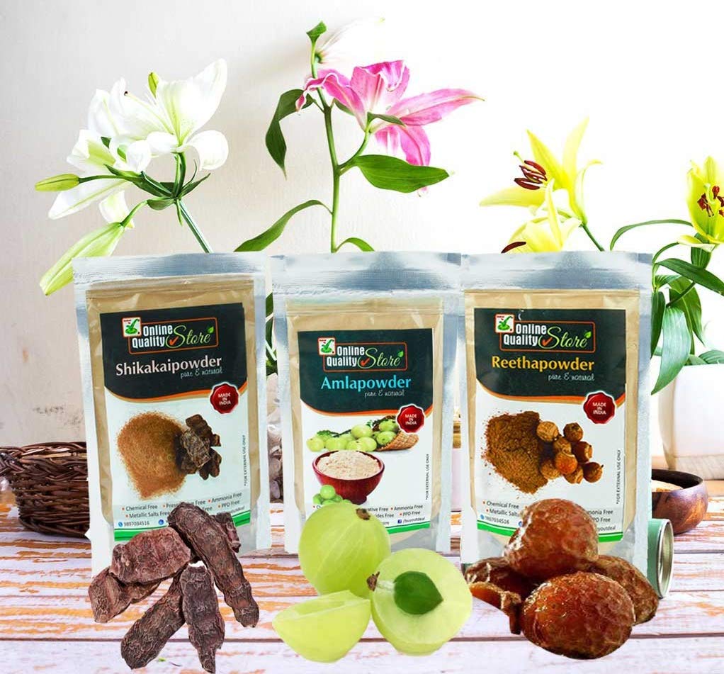 Online Quality Store Amla, Reetha, Shikakai Powder Combo powder Pack for Hair|reetha amla shikakai combo powder|hair shampoo family pack (Pack of 3 ,Total 2700g Pack)