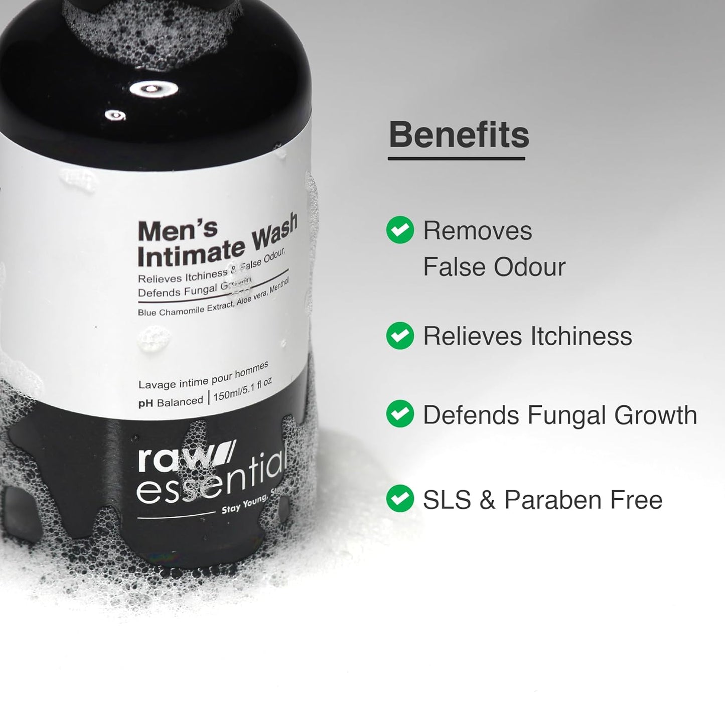 Raw Essentials Intimate Wash for Men 150 ml, Relieves Itchiness & Odour, Prevents Fungal Growth, Brightens Groin Area, pH Balanced, Sulphate Free, Paraben Free