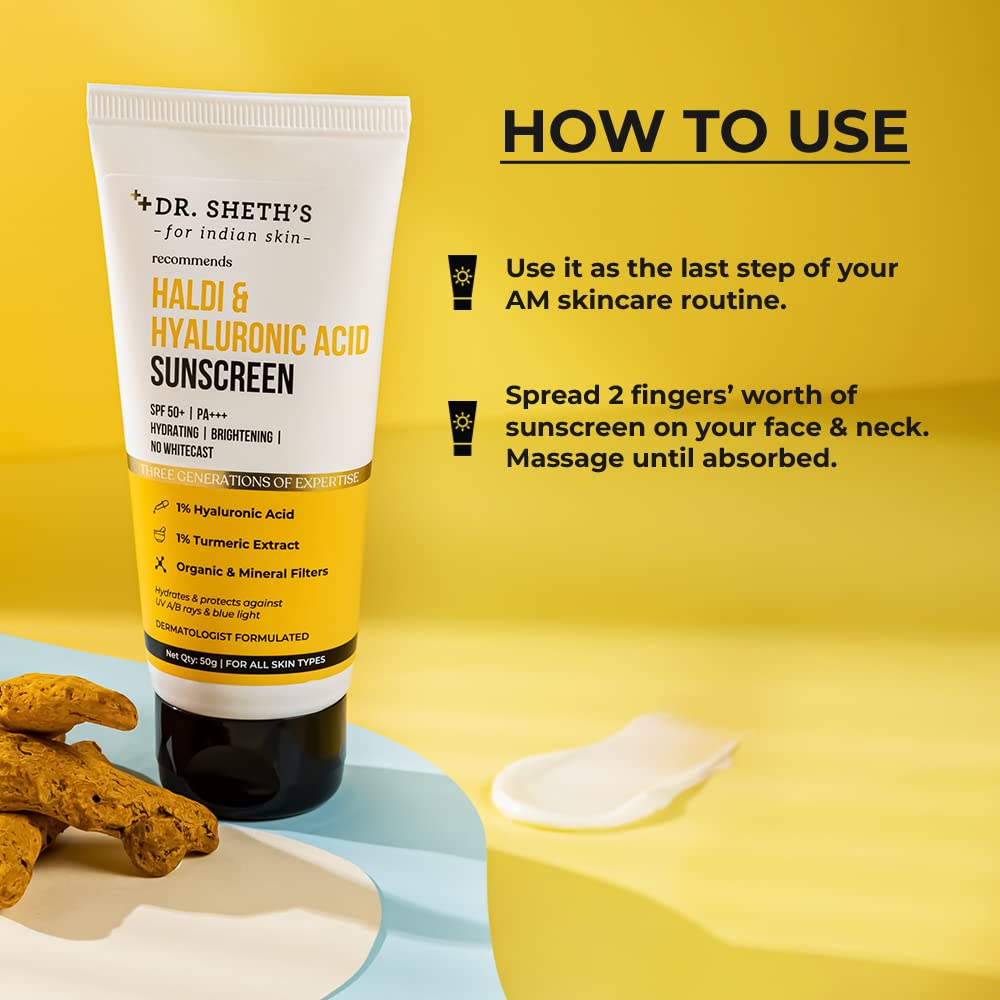 Dr. Sheth's Haldi & Hyaluronic Acid Sunscreen With 1% Hyaluronic Acid | Spf 50+ | Pa+++ | Protects Against Uva/Uvb & Blue Light | For Women & Men -50G - All Skin Type