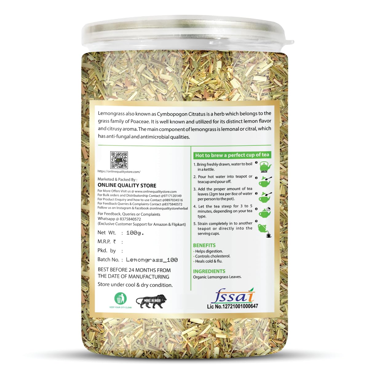 Online Quality Store Lemongrass Herbal Tea, 100 gm, Lemongrass Tea Leaves