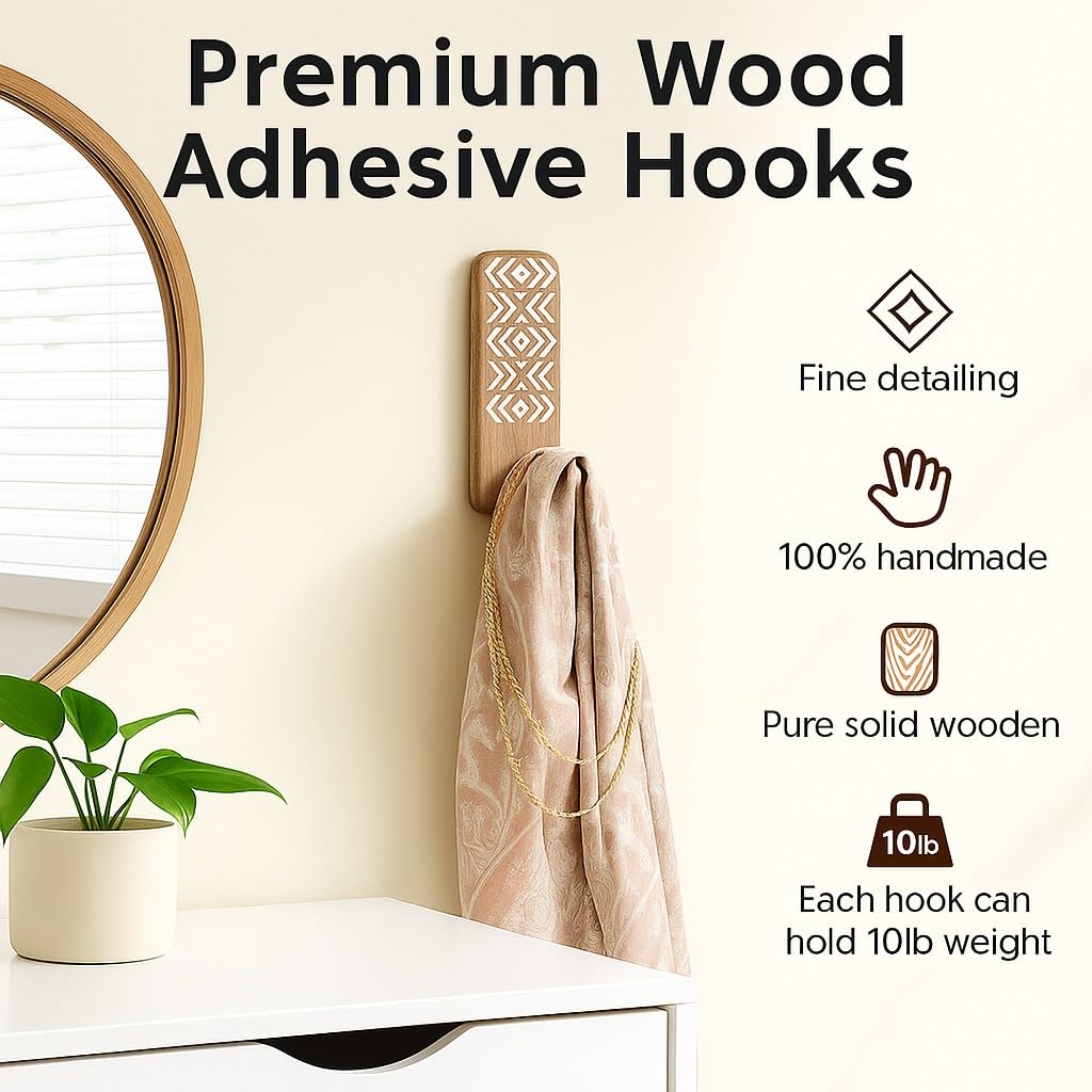 Indian-Shelf 3 Hook, 6 Strip No Damage Wood Wall Hooks- Adhesive Wall Hooks