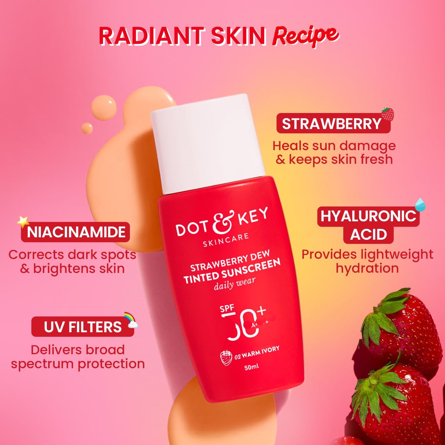 Dot & Key Strawberry Dew Tinted Sunscreen SPF 50+ Pa++++ - 02 Warm Ivory, 50 ml