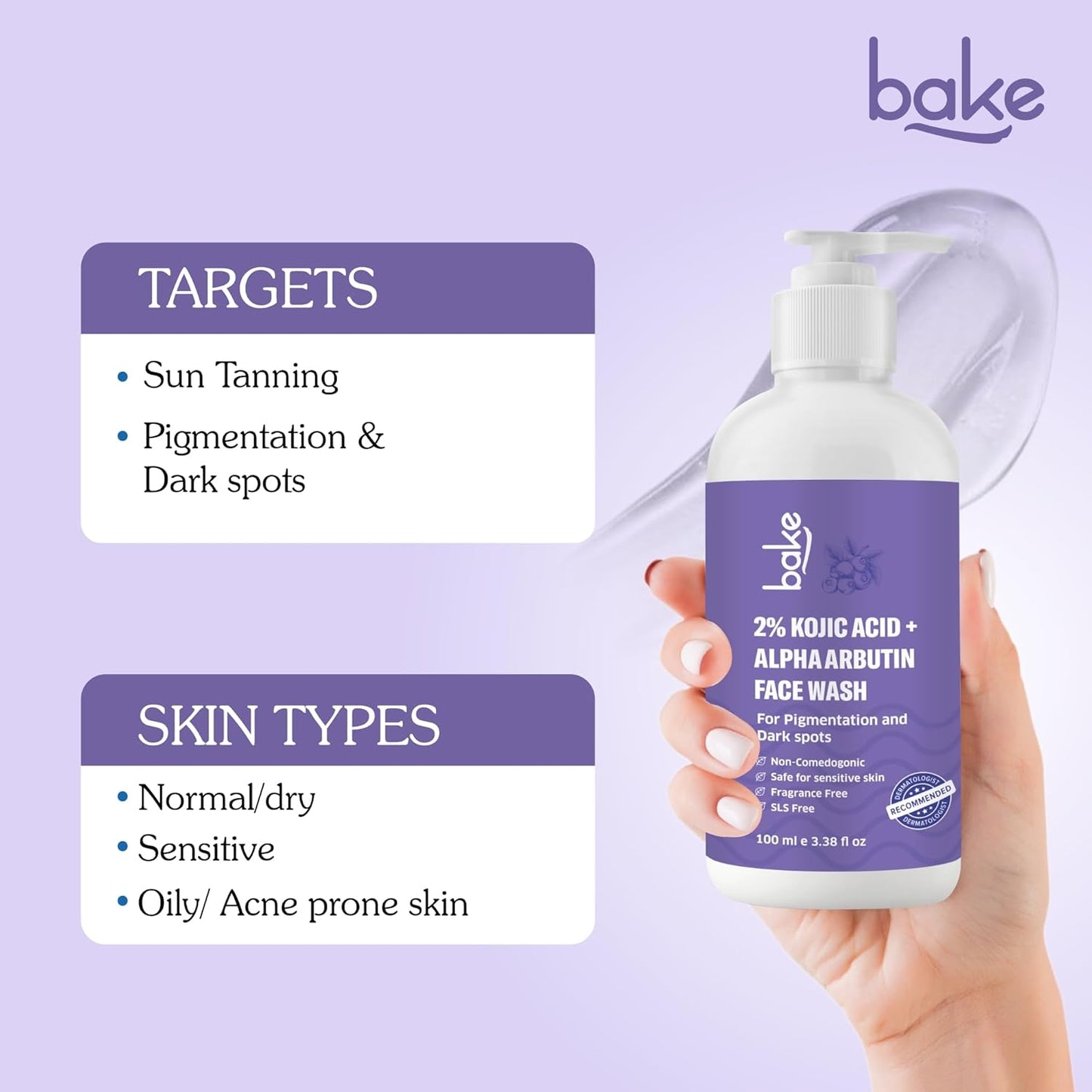BAKE 2% Kojic Acid Brightening Face Wash with Alpha Arbutin & Niacinamide | De-Tan Face Wash | For Pigmentation, Dark Spots & Tan Removal | Anti Pigmentation Daily Wash - 100ml