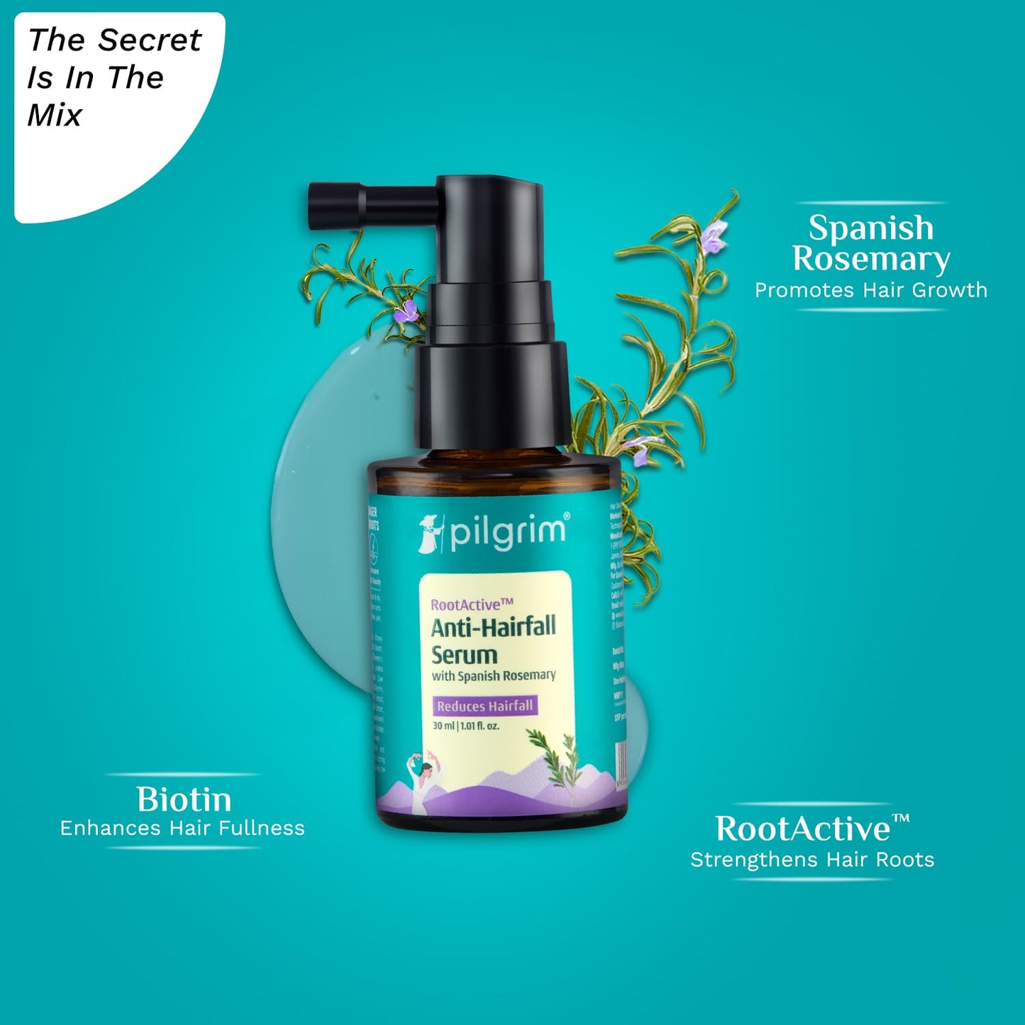 Pilgrim RootActive Anti-Hairfall Serum With Spanish Rosemary, Caffeine, Biotin, Capilia Longa, Saw Palmetto (30ml) | Strengthens Hair Roots, Reduces hair loss & Increases Hair Density | For Men and Women