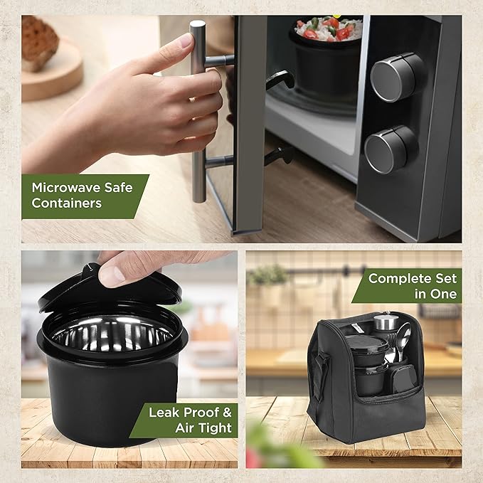 Oliveware Teso Pro Lunch Box | 3 Stainless Steel Containers | Plastic Pickle Box | Steel Spoon & Fork | Microwave Safe (Black)