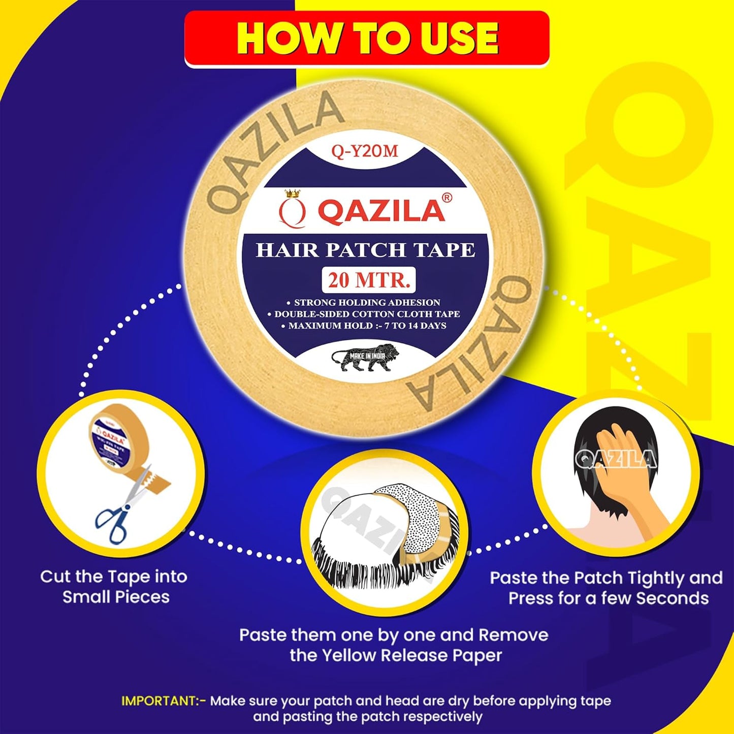 Qazila Hair Patch Tape| Hair Wig Tape| Ultra Hold Tape| Double-sided Hair Patch Tape| Cotton-Cloth Tape| Waterproof| Maximum Hold upto 2 weeks (Yellow, 1 inch, 20 Metre)