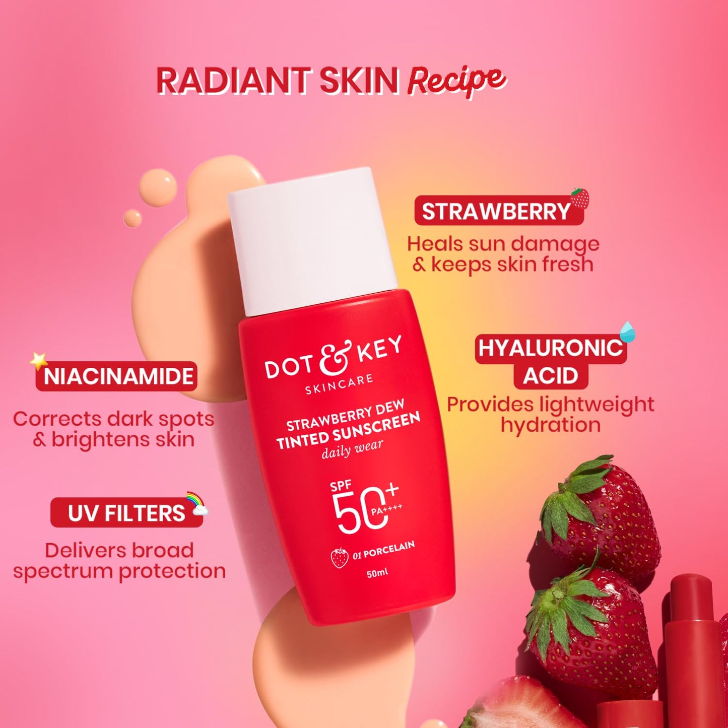 Dot & Key Strawberry Dew Tinted Sunscreen SPF 50+ Pa++++ - 01 Porcelain | Protection Against UA/UB , 50 ml