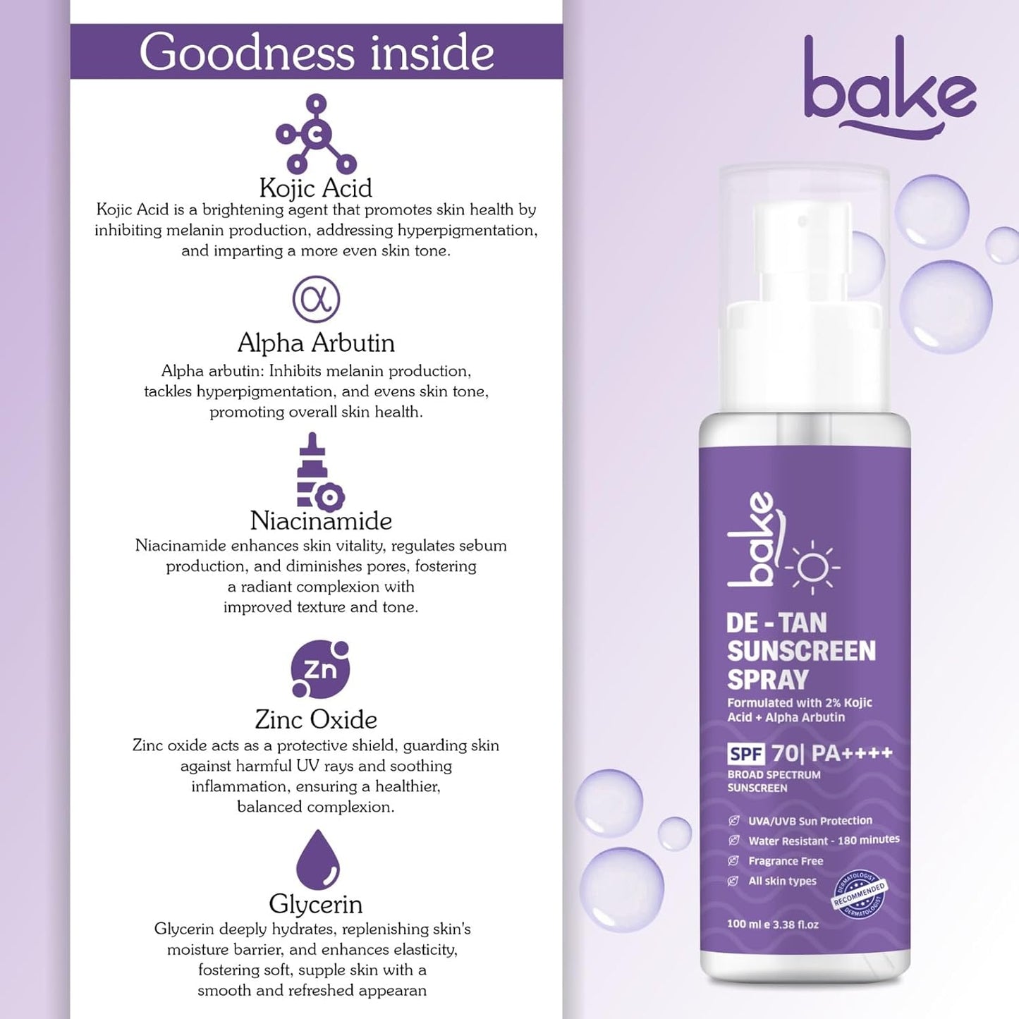 BAKE Spf 70 Sunscreen Spray Pa++++|Waterproof - 180 Minutes|With 2% Kojic Acid & Alpha Arbutin,Sweat Resistant 100Ml