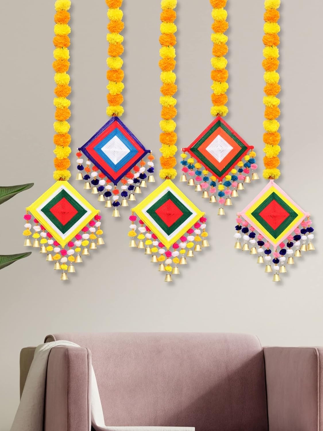 JH Gallery Handmade Artificial Marigold Fluffy Flowers Colorful Woolen Kite Bells Hanging (44 Inches Height Approx. Pack of 5)