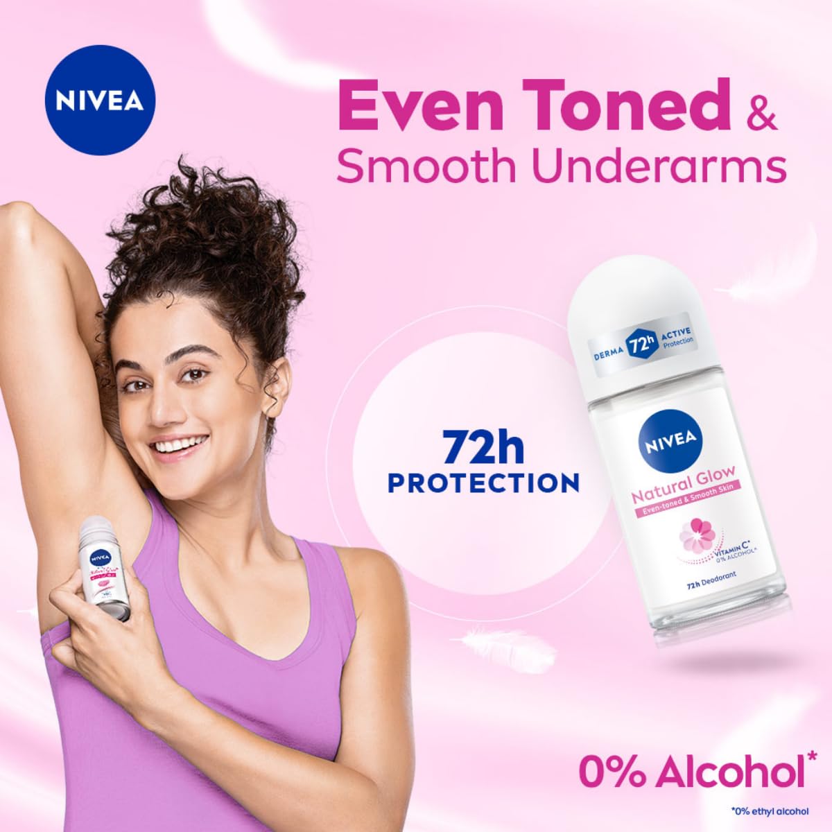 NIVEA Natural Glow Smooth Skin Deodorant Underarm Roll On for Women| Vitamin C, Vitamin E, Avocado oil and Licorice Extract | 72 H Even Toned, Smooth & Bright Underarms | 0% Alcohol and Dermat Approved |50 ml