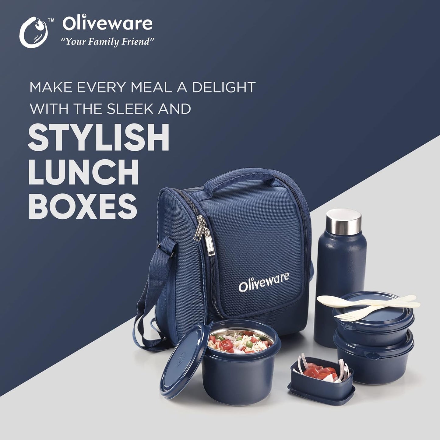 SOPL-OLIVEWARE Teso Lunch Box with Plastic Cutlery, 3 Steel Containers, Plastic Pickle Box, Steel Water Bottle- Blue