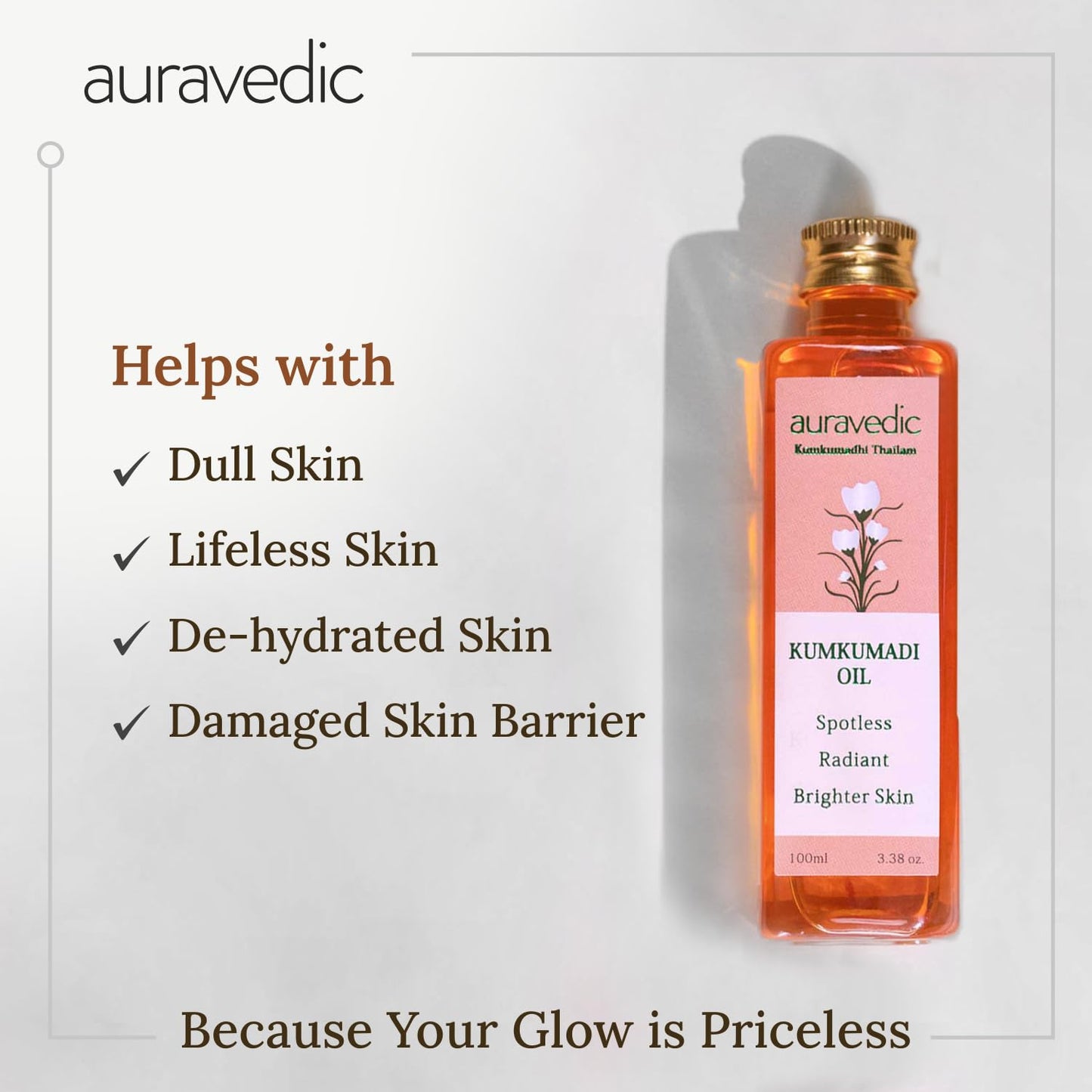 Auravedic Kumkumadi Oil For Face 100 Ml, Pack of 3, Kumkumadi Tailam Face Oil For Glowing Skin, Dark Spot Corrector Face Serum