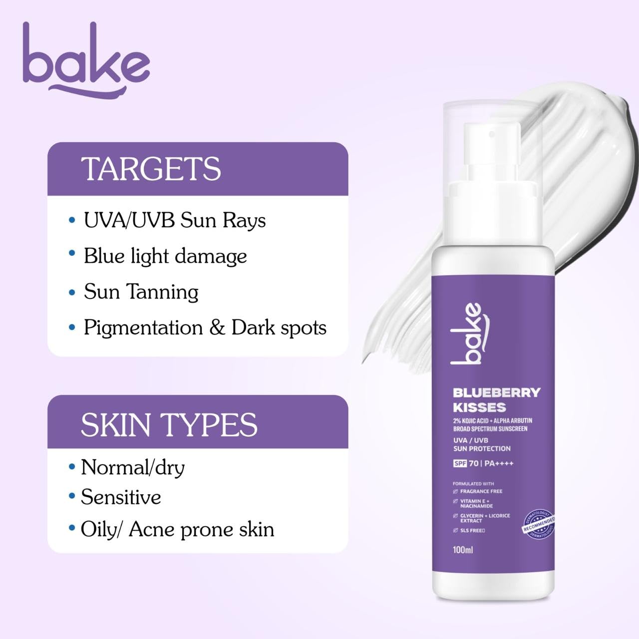 Bake 100% Mineral Water Resistant Sunscreen SPF 70 PA+++ with 2% Kojic Acid, Alpha Arbutin & Niacinamide, 100 gm
