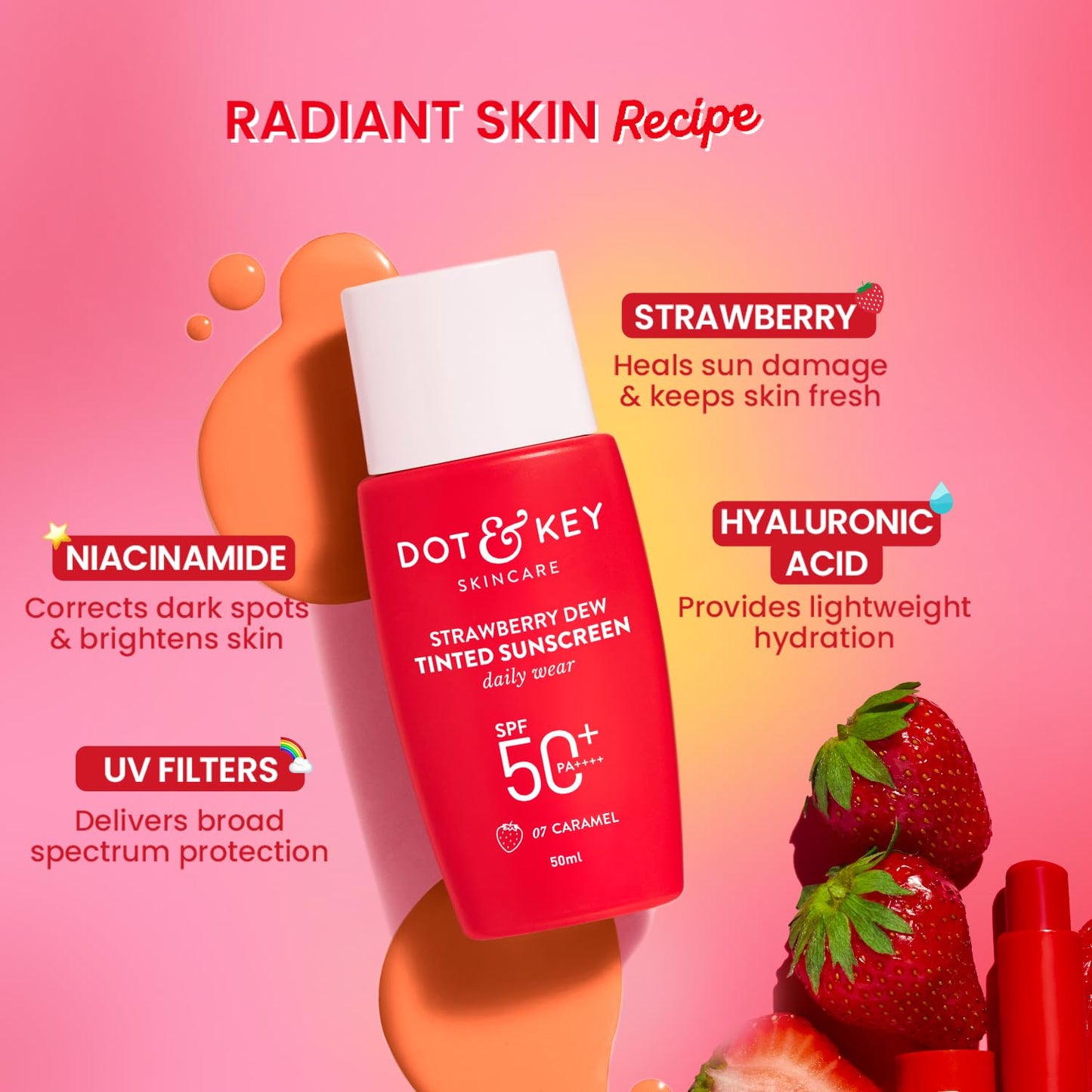 Dot & Key Strawberry Dew Tinted Sunscreen SPF 50+ Pa++++ - 07 Caramel, 50 ml