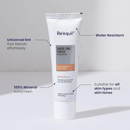 Re'Equil Sheer Zinc Tinted Sunscreen 50g SPF 50 PA+++ - 100% Mineral Sunscreen Cream