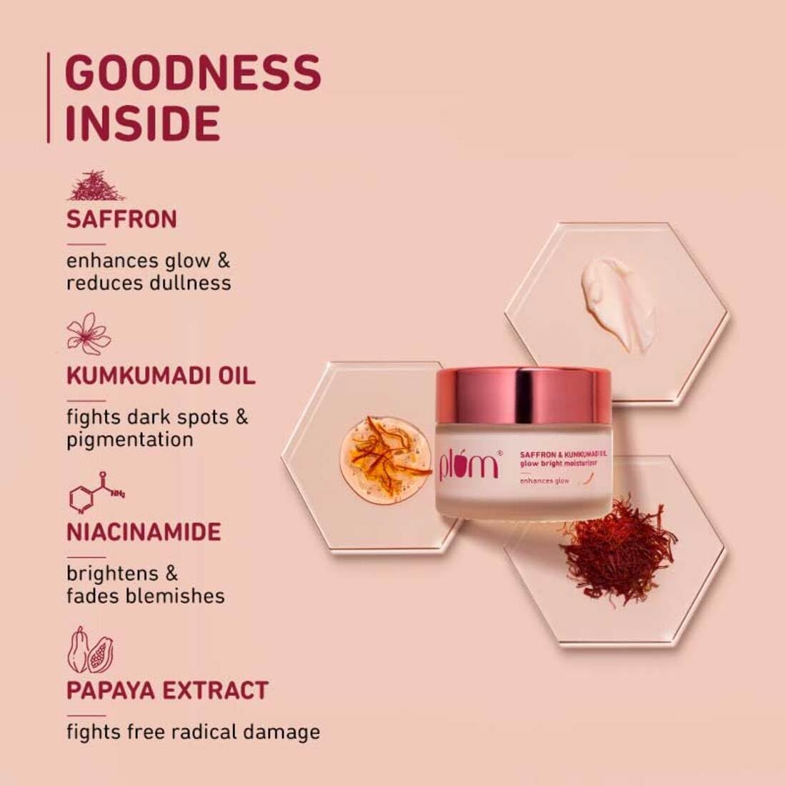 Plum Saffron & Kumkumadi Oil Daily Glow Bright Moisturizing Cream | Quick-Absorbing Day Cream to Brighten Skin, Enhance Glow | with SPF 35 for UVA/UVB Protection | All Skin Types | Women & Men | 50g