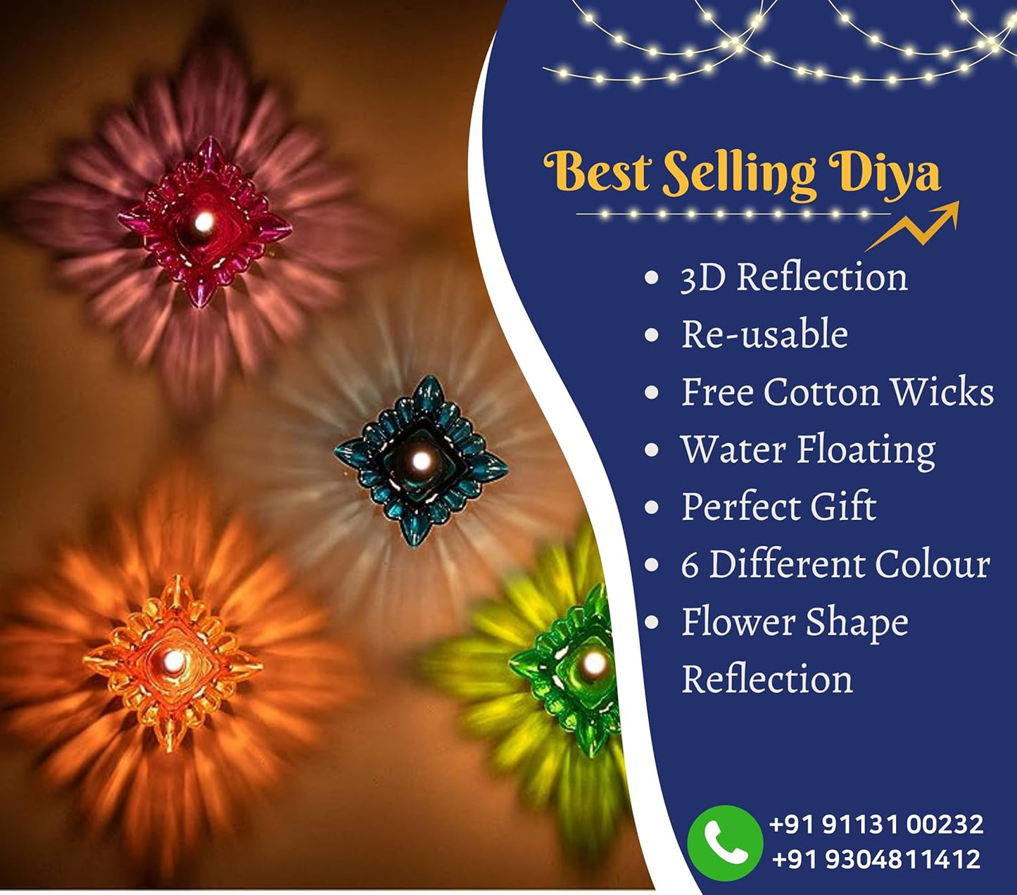 Indian Karigar 12 pcs Diwali Diyas Colourful 3D Reflection Diya, Multicolour