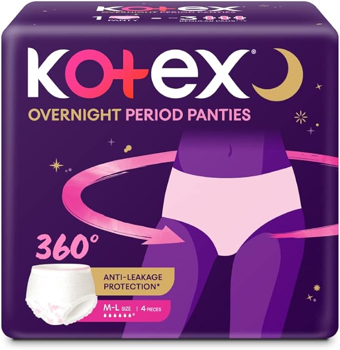 Kotex Overnight Period Panties (Medium/Large size, pack of 4 panties) for heavy flow period protection | with 360 degree anti-leakage design & airy-soft fabric
