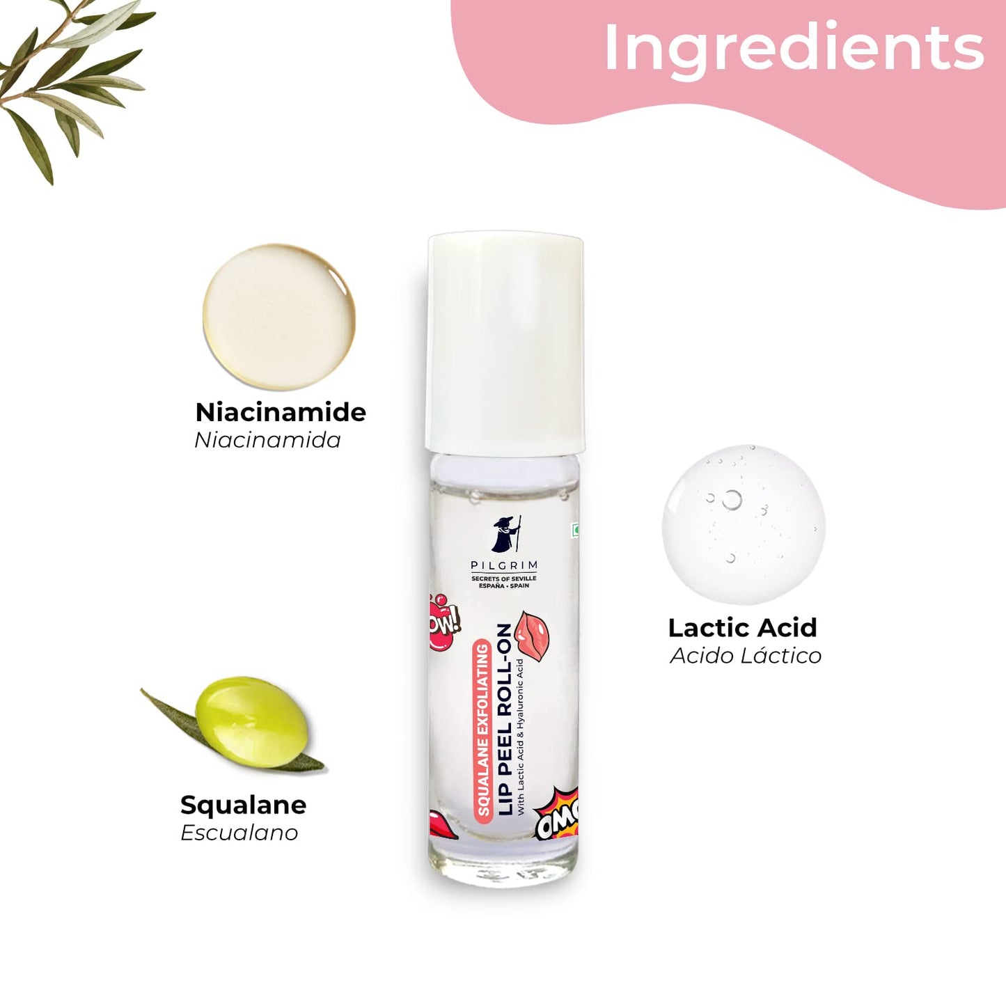 Pilgrim Spanish Squalane Lip Peel Roll-on with lactic acid & hyaluronic acid, 6 ml