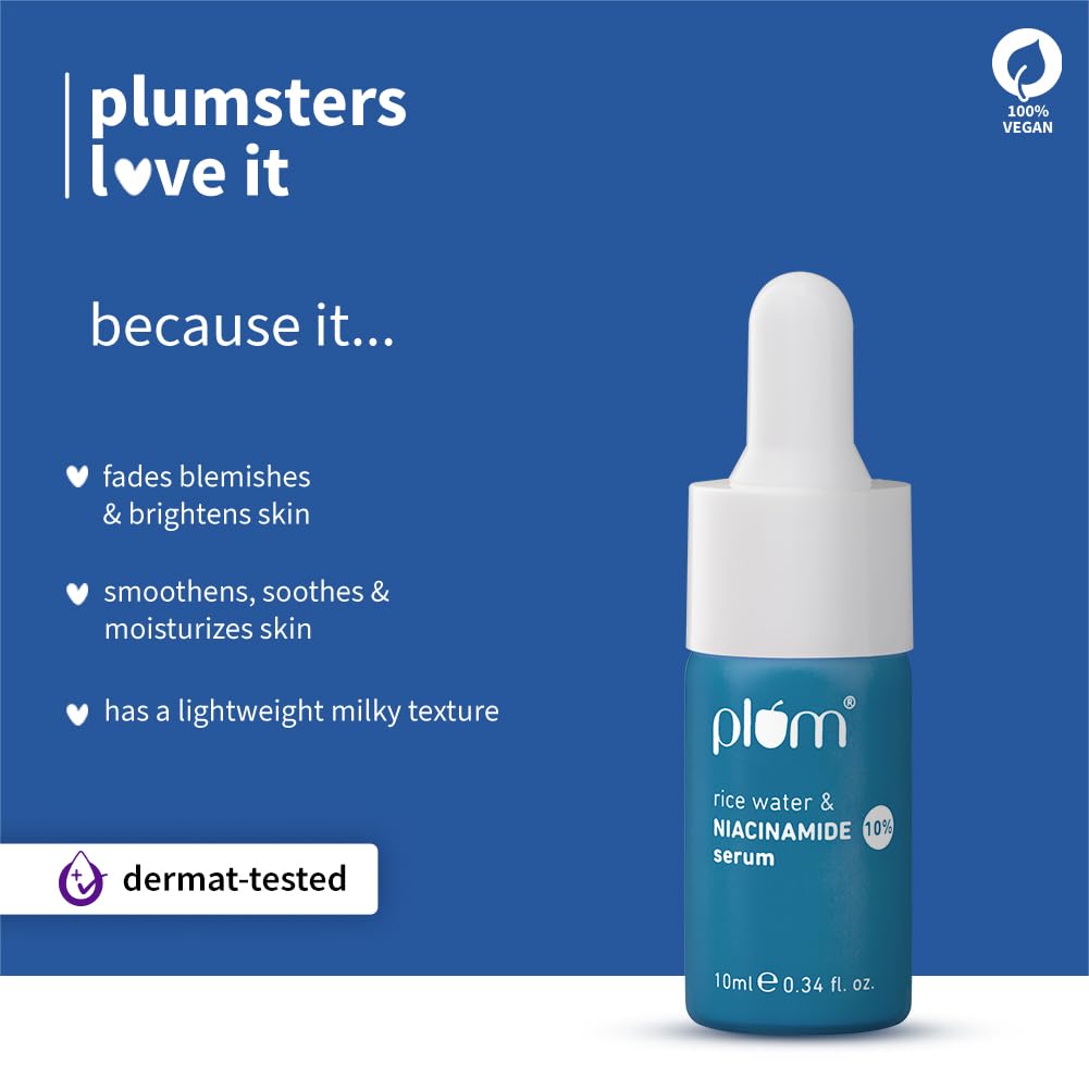 Plum 10% Niacinamide Serum with Rice Water | Provides Clear, Glowing & Brightening Skin | for Acne Prone, Combination, Oily & Sensitive Skin