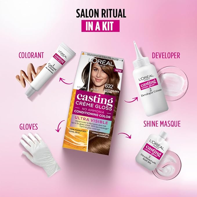L’Oréal Paris Casting Creme Gloss Ultra Visible Hair Color With No Ammonia, Light Golden Brown 632, 100g + 60ml